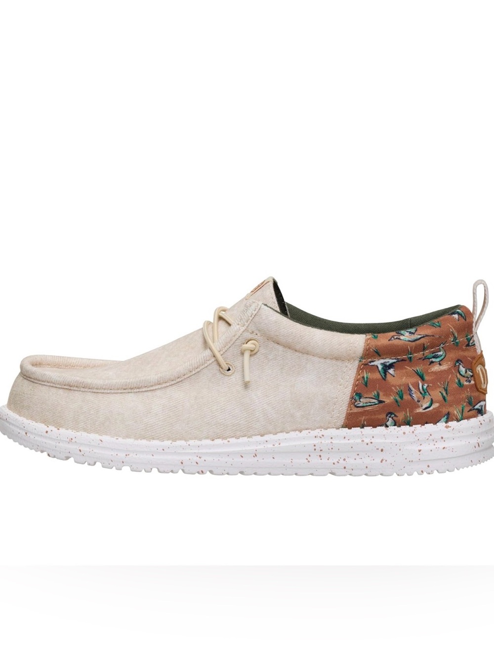 Hey Dude Men's Slip-On Boat Shoe in Cream with Brown Patterned Ducks